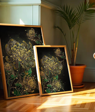 Œuvre élégante de chrysanthèmes dorés et verts sur fond sombre