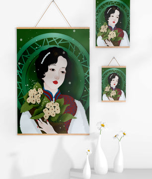Elegant portrait of a woman with a bouquet of roses on a green abstract background