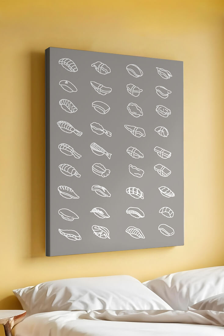 Minimalist sushi sketch illustration with various sushi types