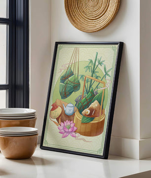 Traditional Asian tea set with bamboo and dumplings