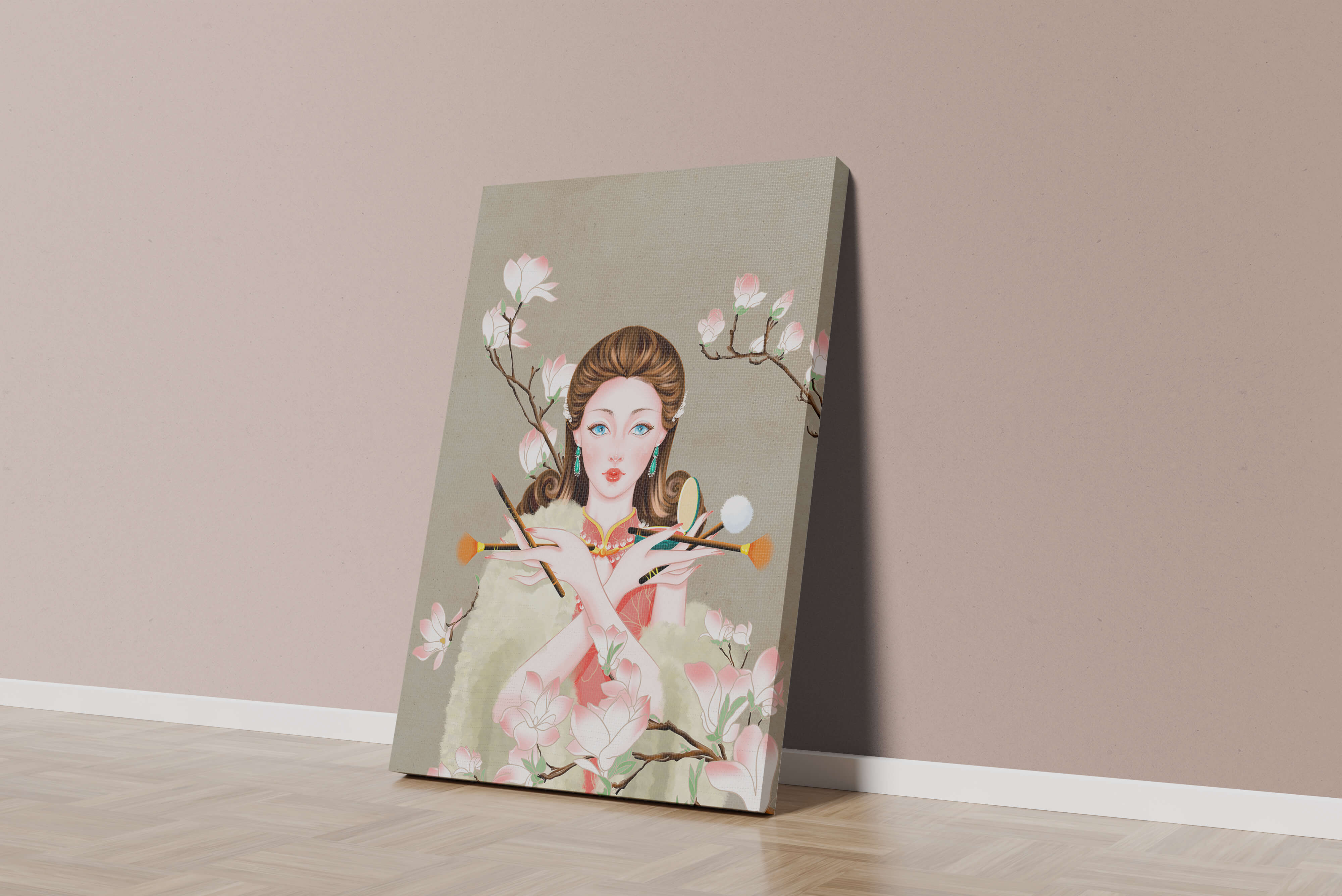 Elegant woman with makeup tools amidst blooming magnolia branches
