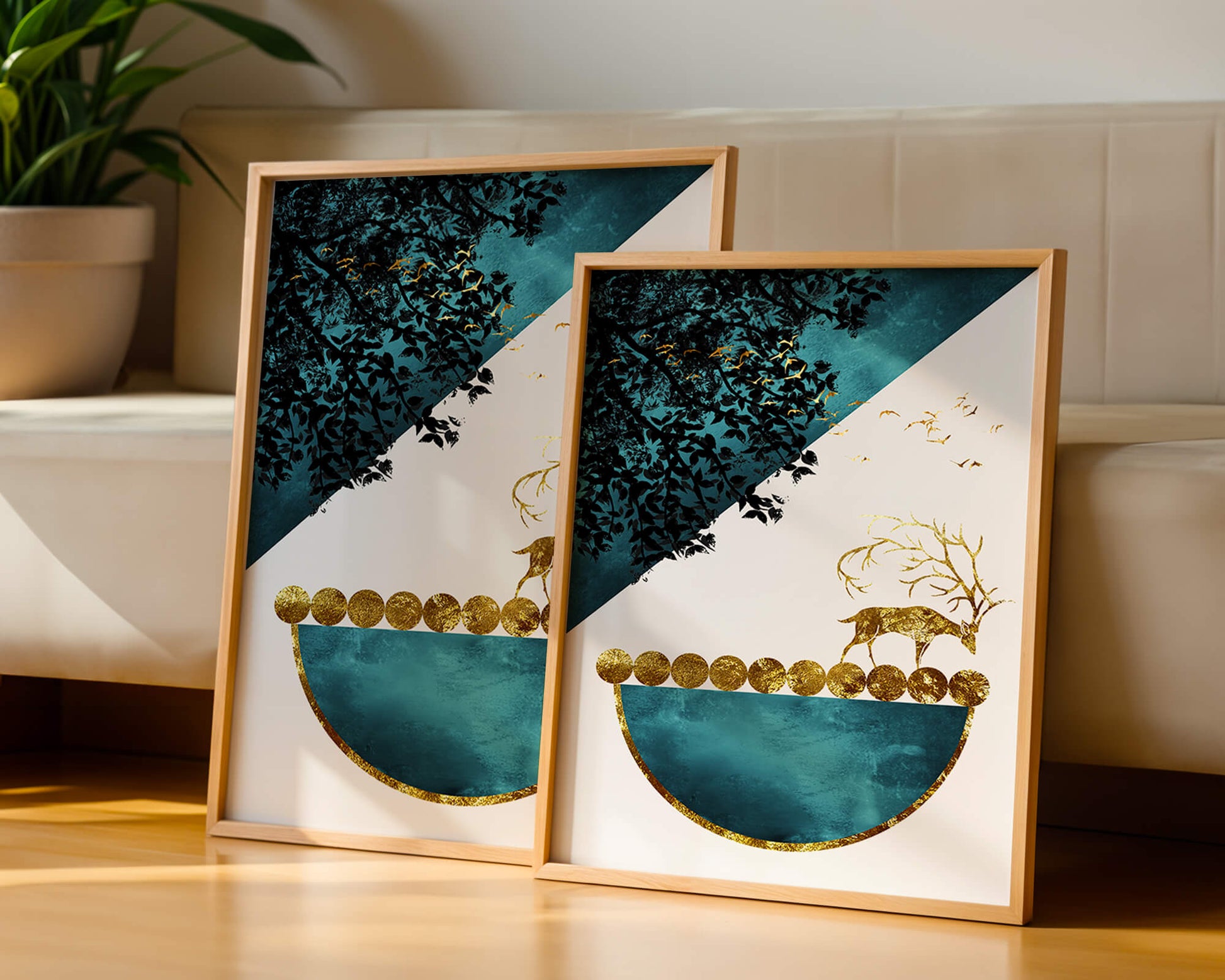 Abstract Deer with Golden Elements in a Mystical Forest Setting