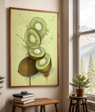 Watercolor illustration of sliced kiwi fruit with splashes