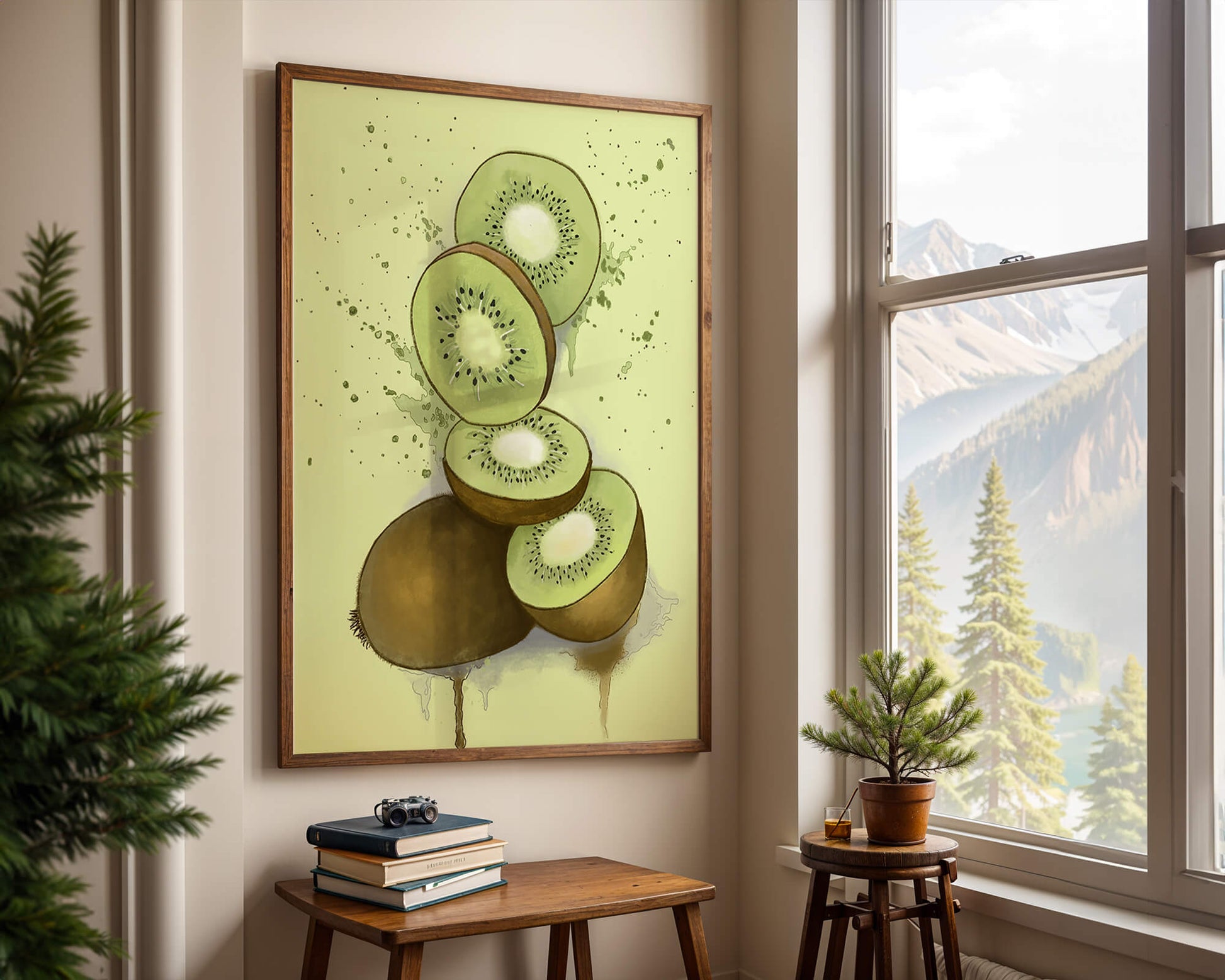 Watercolor illustration of sliced kiwi fruit with splashes