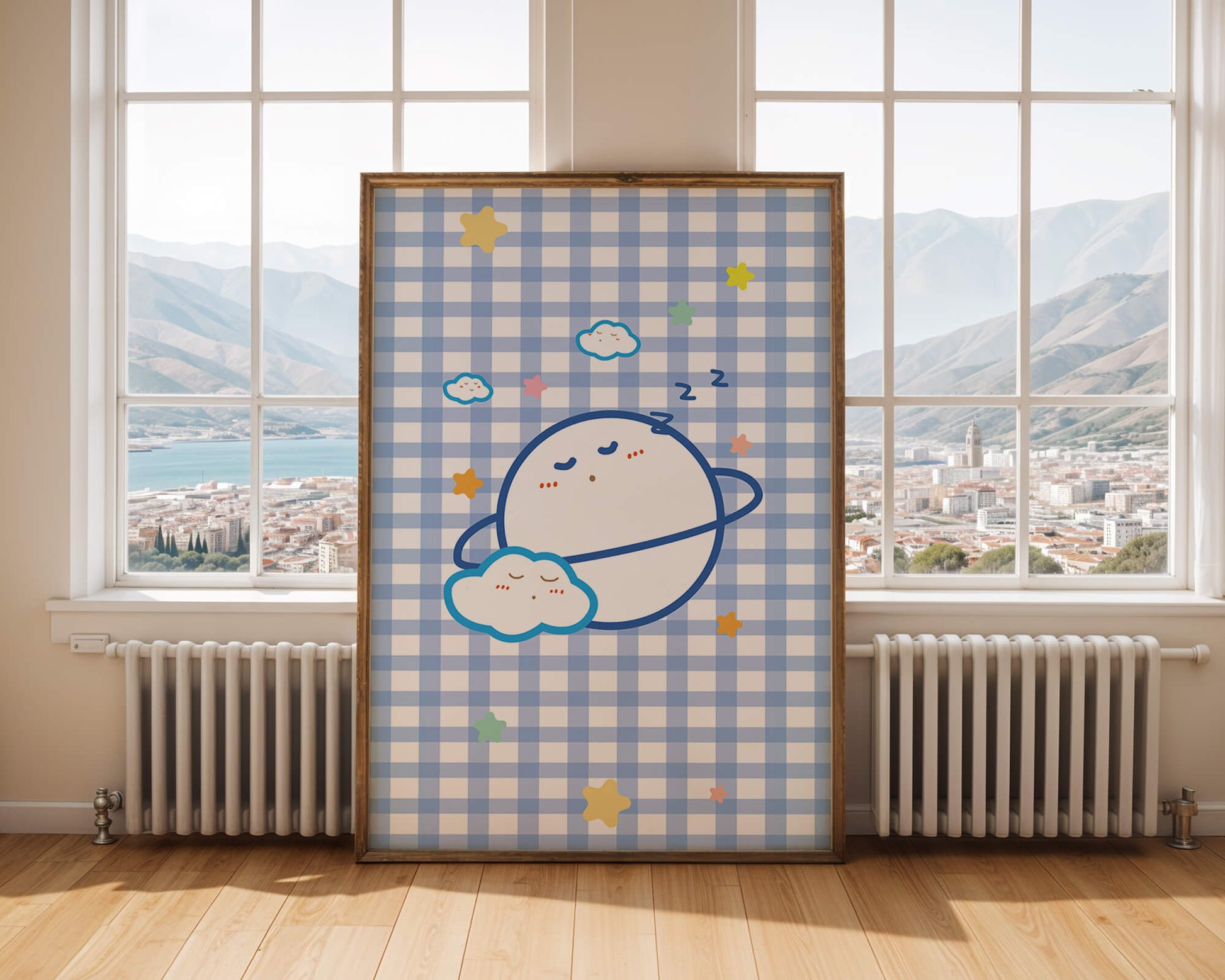 Whimsical sleep theme with planets and clouds on a checkered background