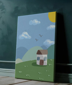 Illustration of a small house on a sunny hillside with clouds in a blue sky