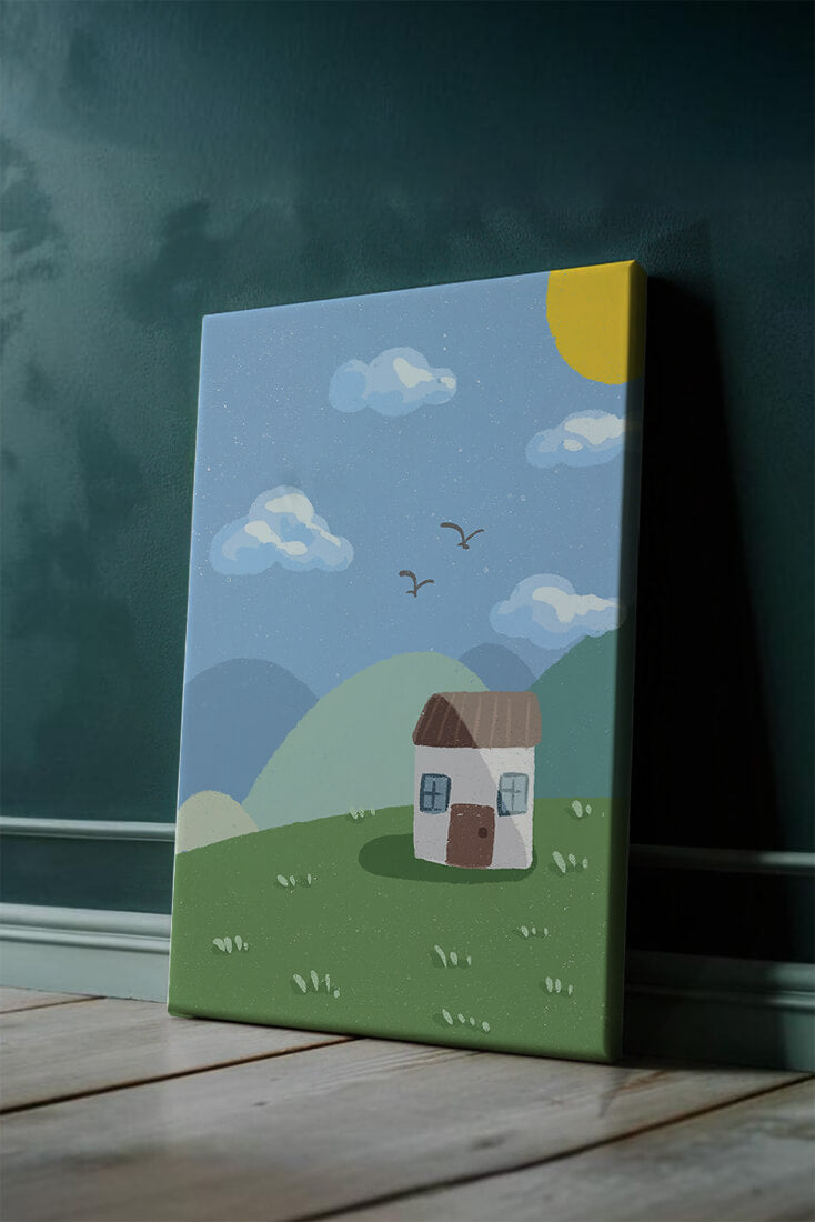 Illustration of a small house on a sunny hillside with clouds in a blue sky