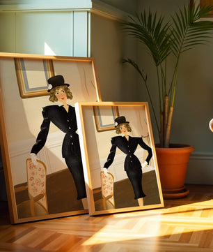 Elegant Woman in Vintage Fashion with Black Suit and Hat