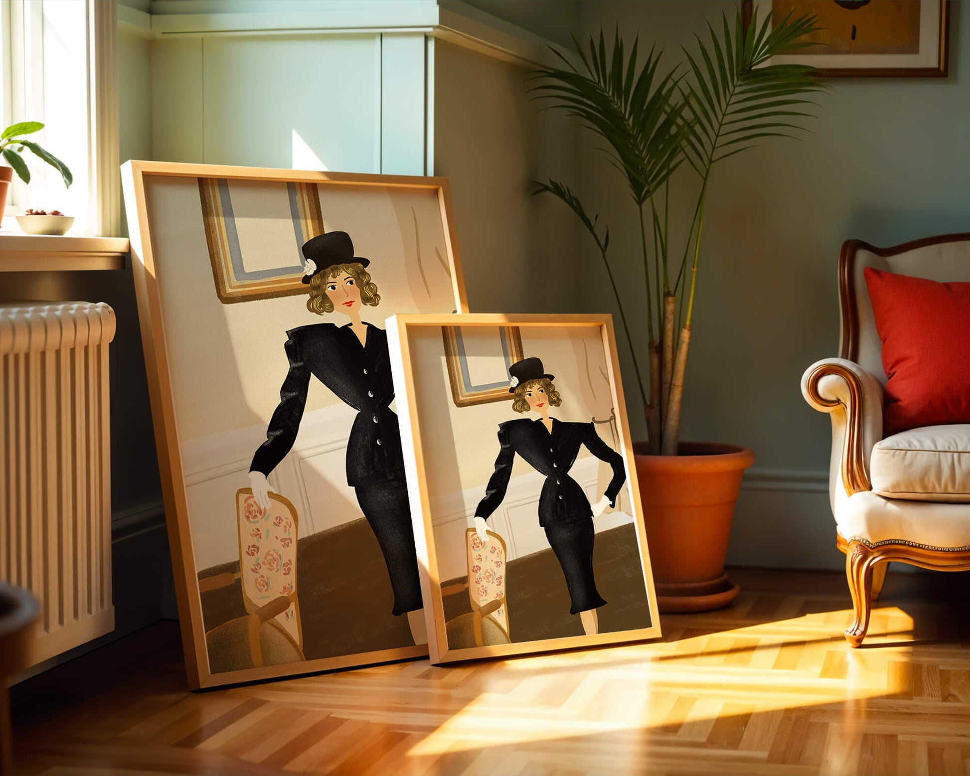 Mujer elegante en moda vintage con traje negro y sombrero