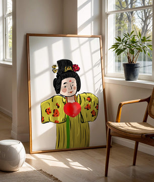 Ilustración de una figura tradicional con atuendo vibrante y un símbolo de corazón