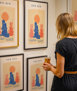 Modern abstract art poster featuring the sun and a serene figure in blue and coral tones - Mi tienda