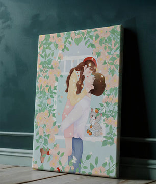Romantic Kiss Amidst Blooming Flowers And Playful Cat