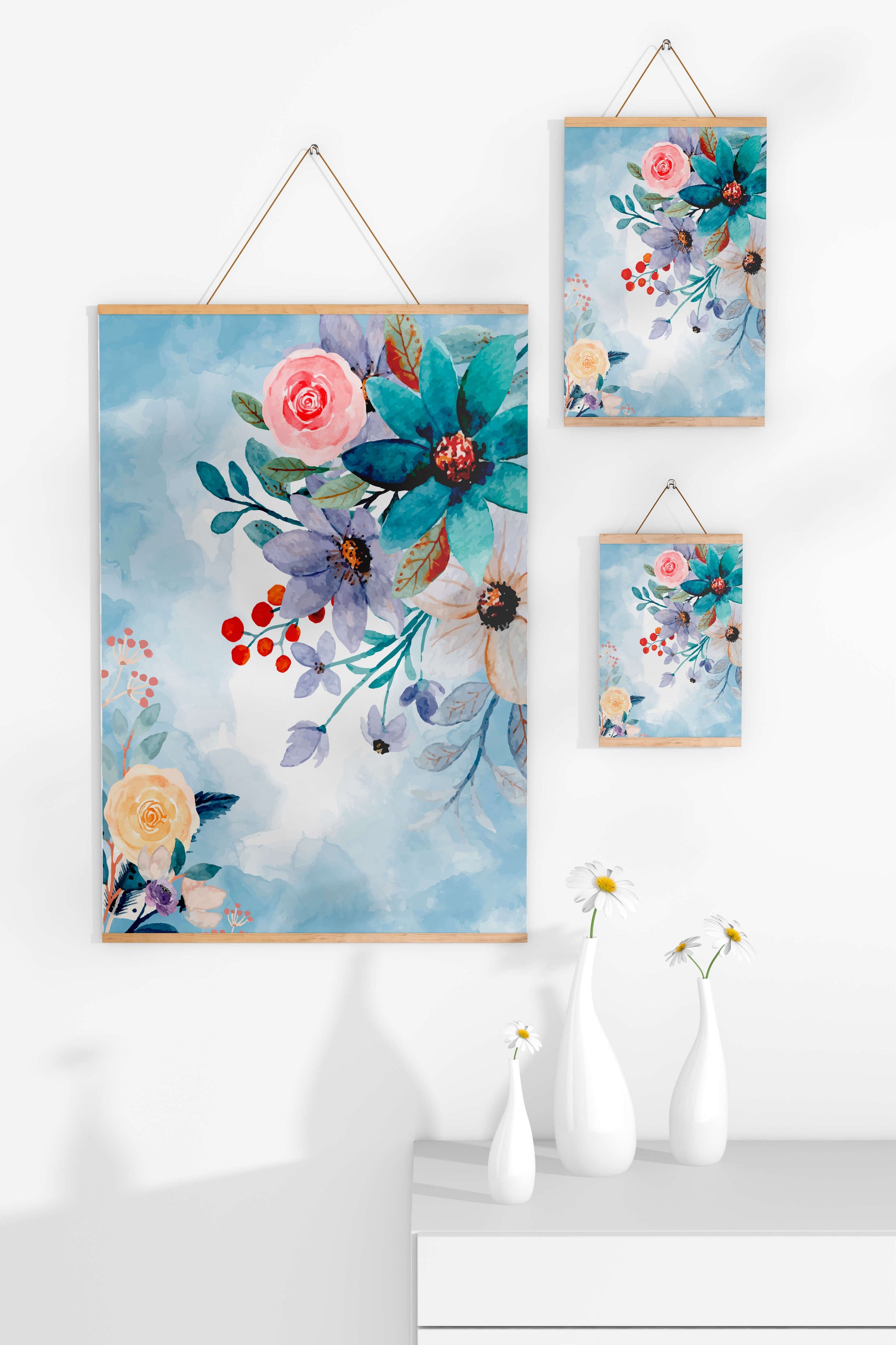 Ilustración floral acuarela con flores y hojas vibrantes