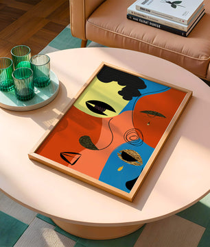 Abstract faces with vibrant colors and gold accents