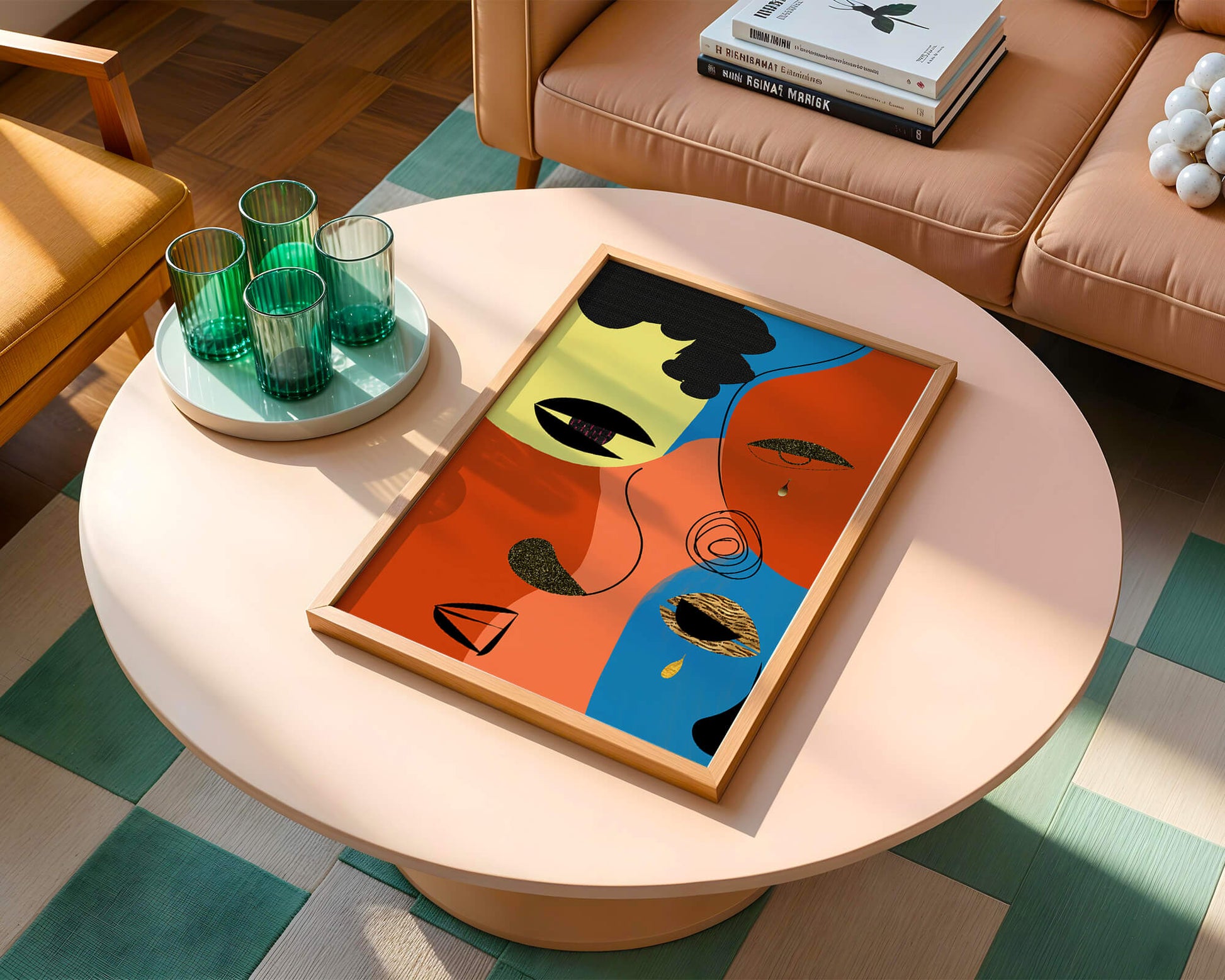 Abstract faces with vibrant colors and gold accents
