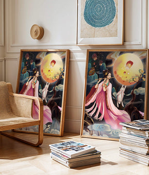 Traditional Asian Art with Flute Player and Moon Rabbit