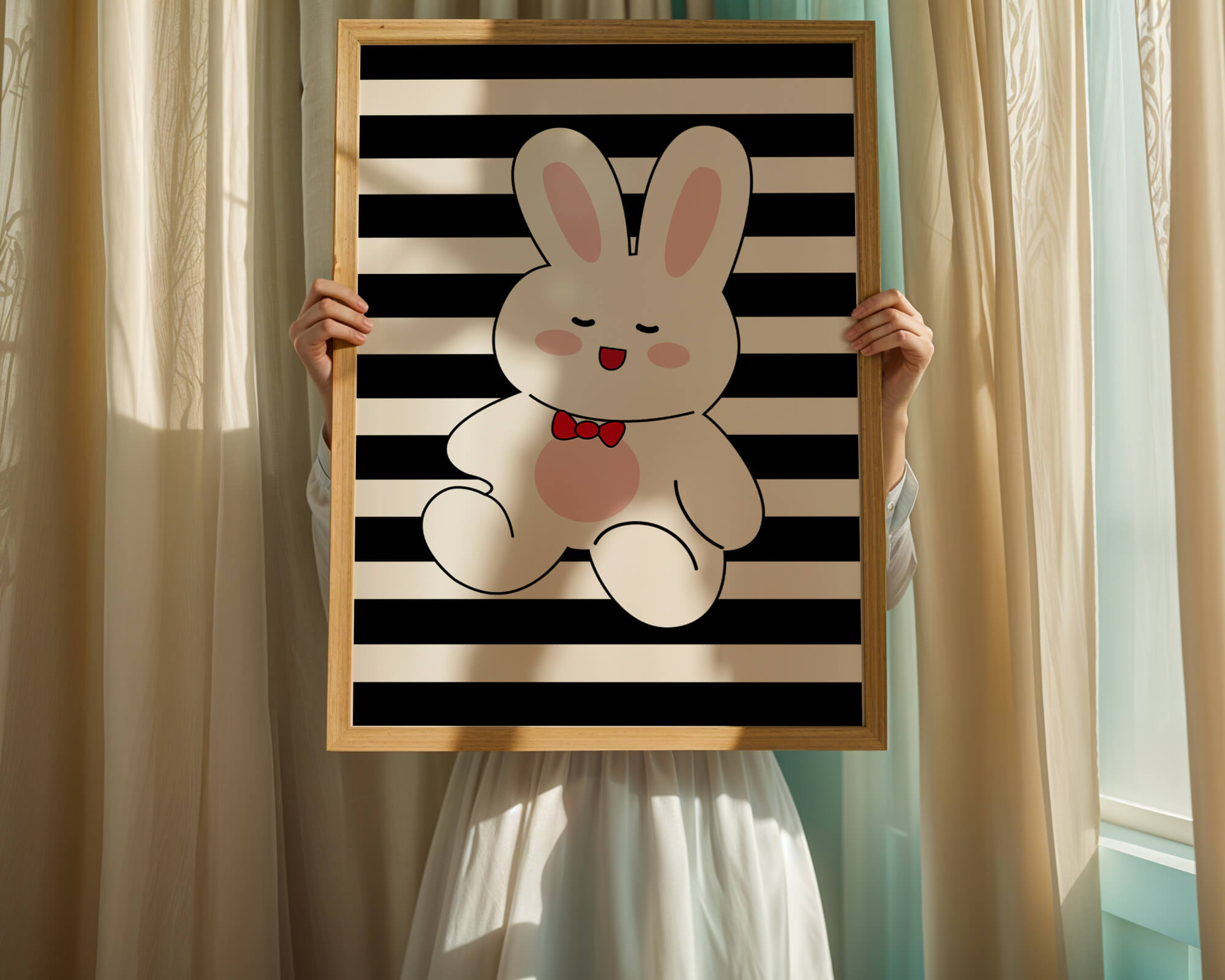 Adorable cartoon bunny with bold stripes and a red bow tie