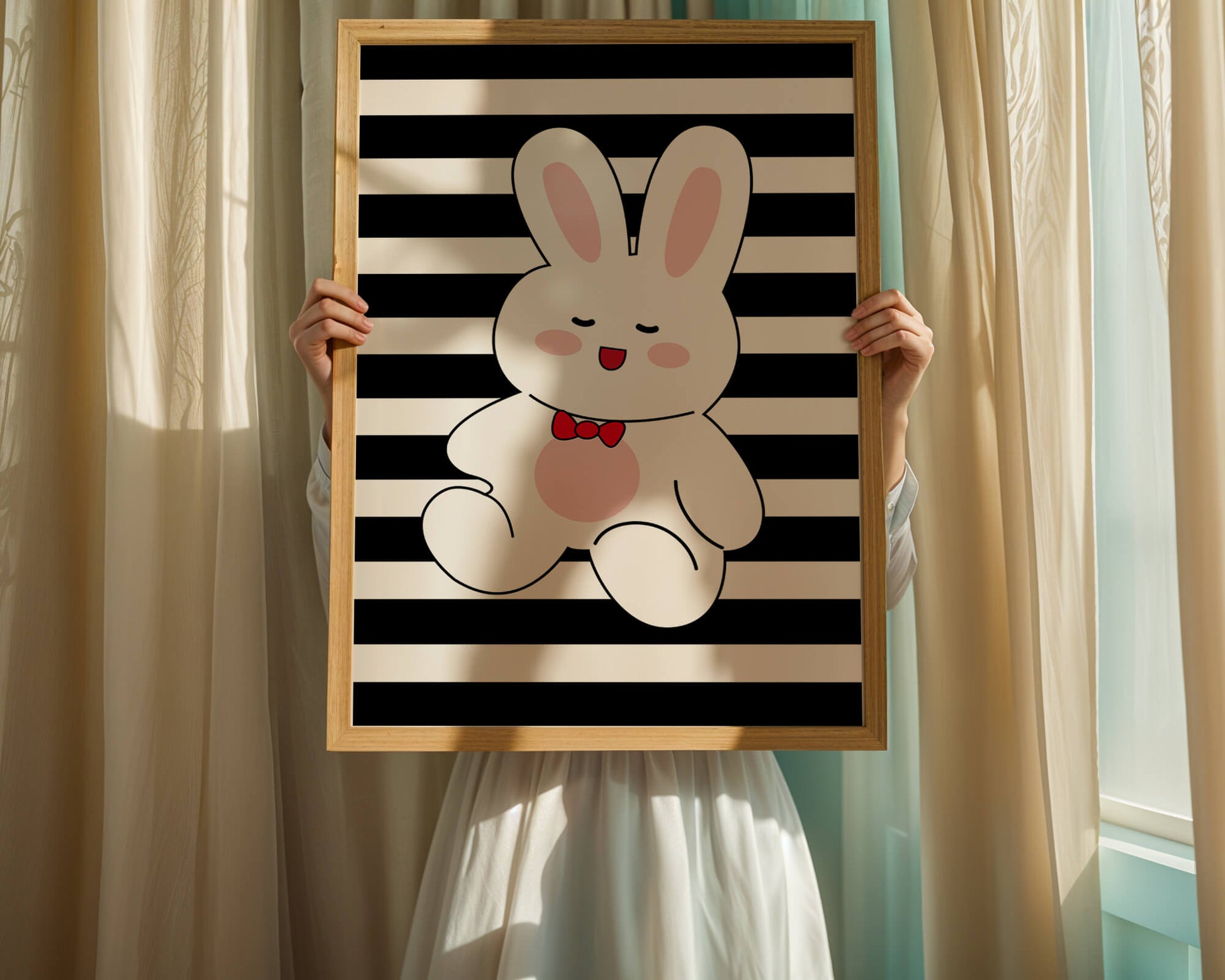Adorable cartoon bunny with bold stripes and a red bow tie