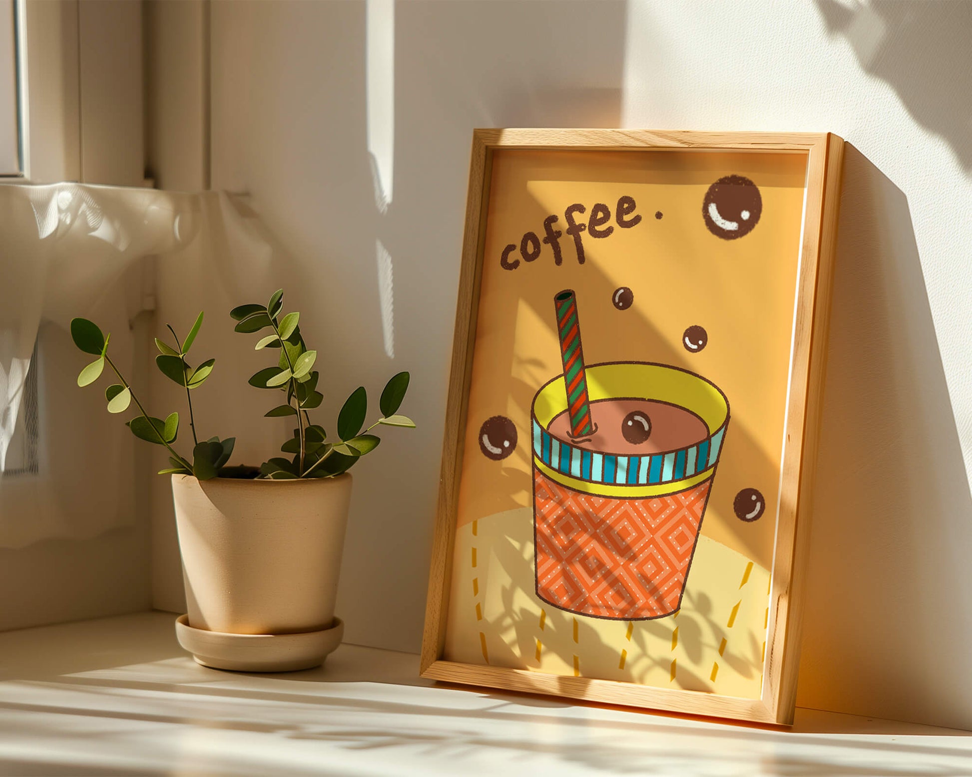 Colorful coffee cup illustration with bubbles and straw