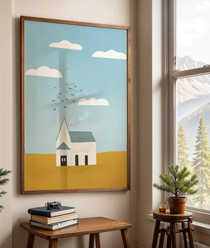 Paisaje minimalista con una casa blanca y cielo