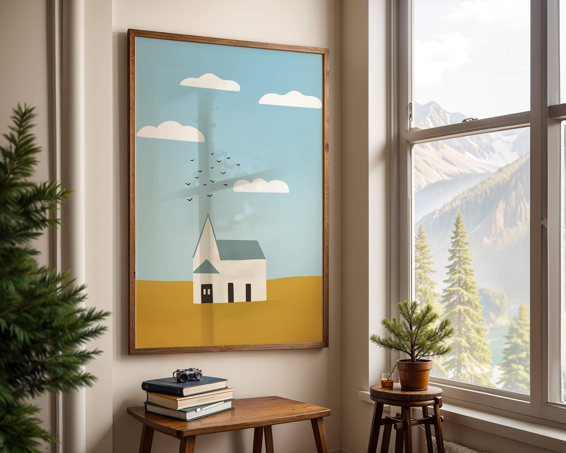 Minimalist Landscape with a White House and Sky