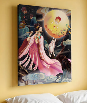 Traditional Asian Art with Flute Player and Moon Rabbit