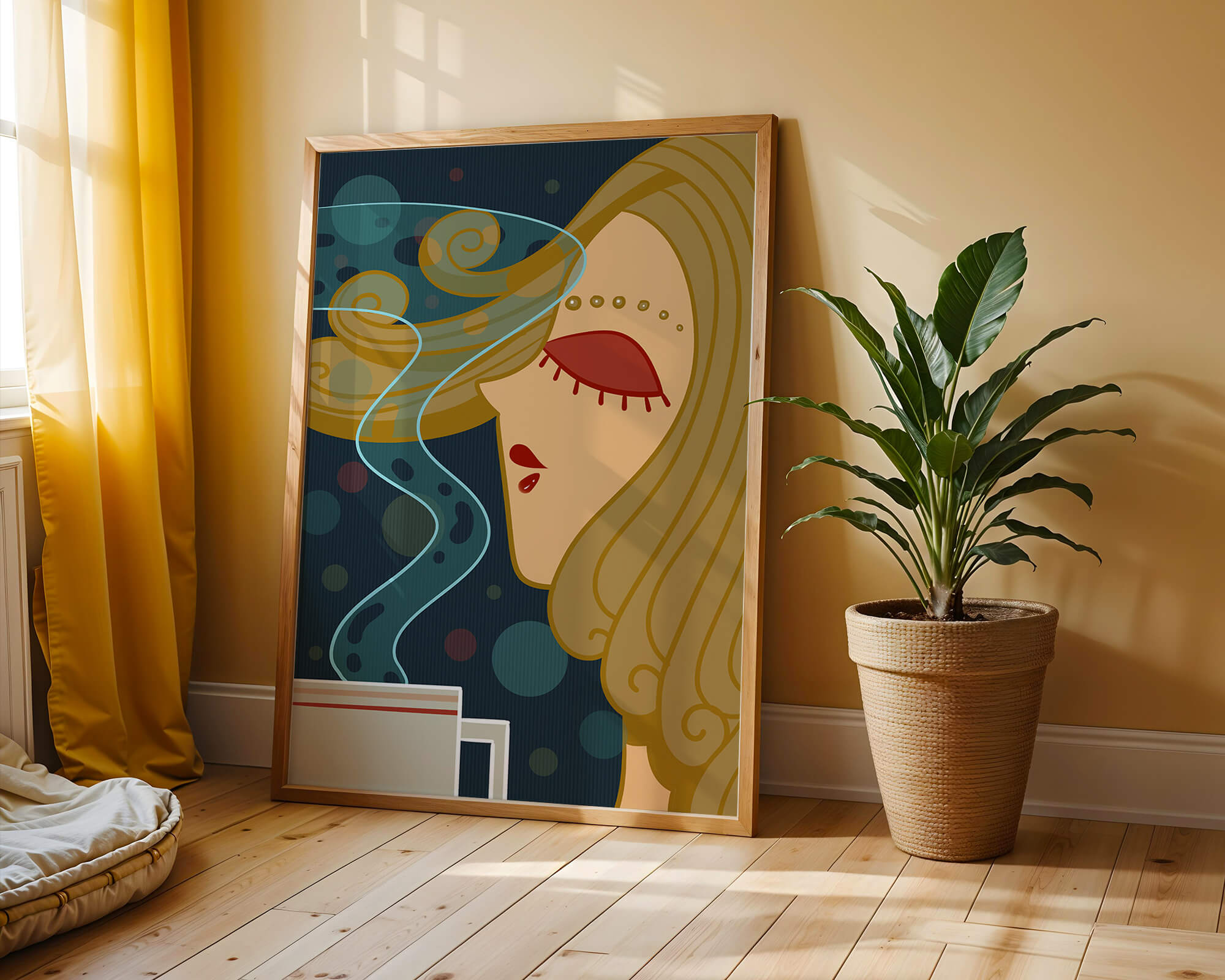 Stylized portrait of a woman with flowing hair and steaming coffee