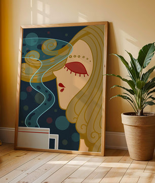 Stylized portrait of a woman with flowing hair and steaming coffee