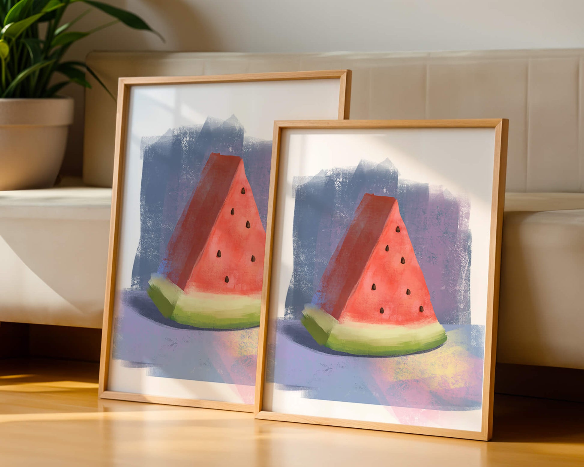 Watercolor illustration of a watermelon slice with abstract background