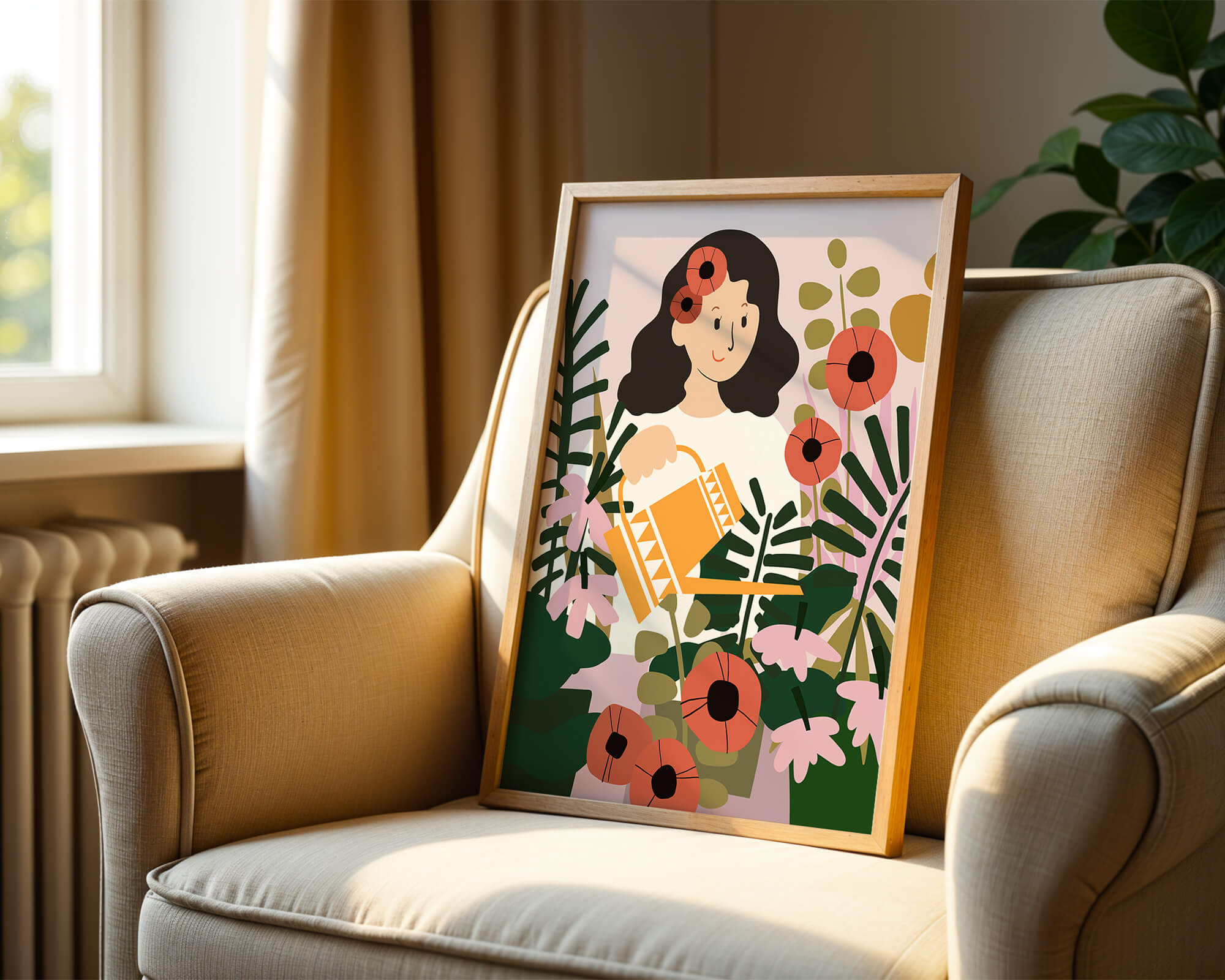 Woman watering plants surrounded by vibrant flowers and greenery