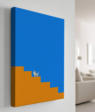 Gato minimalista en escaleras con fondo azul
