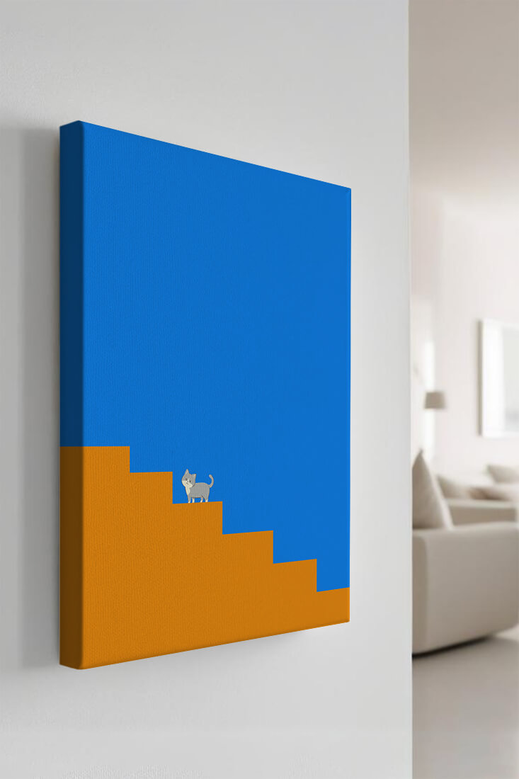 Minimalistic cat on stairs with blue background