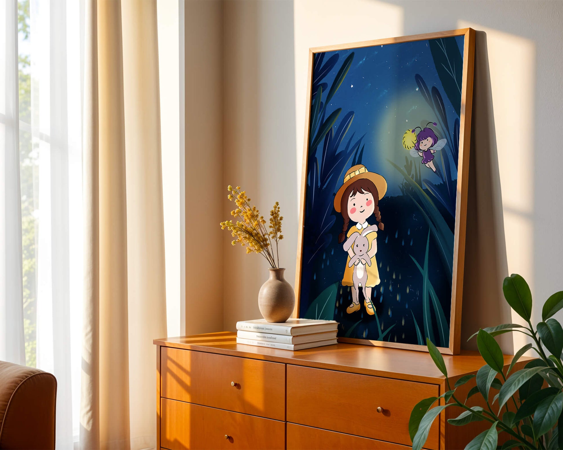 Ilustración de una chica en un bosque con una luciérnaga mágica por la noche