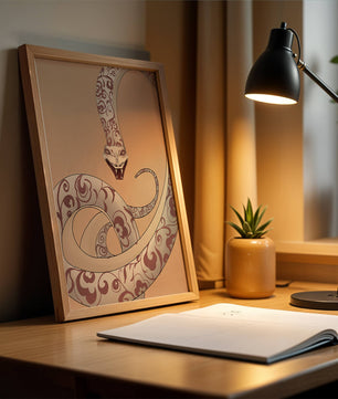 Elegant coiled snake with floral patterns in an artistic composition