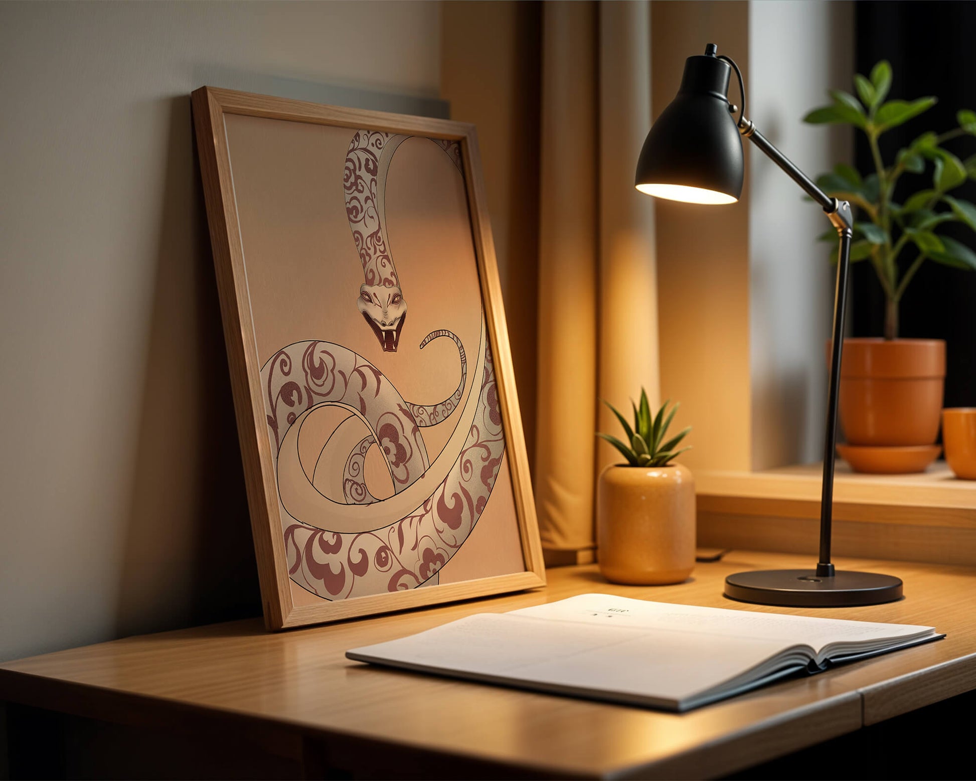 Elegant coiled snake with floral patterns in an artistic composition