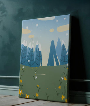 Landschaft mit schneebedeckten Bergen und Blumen im Cartoon-Stil