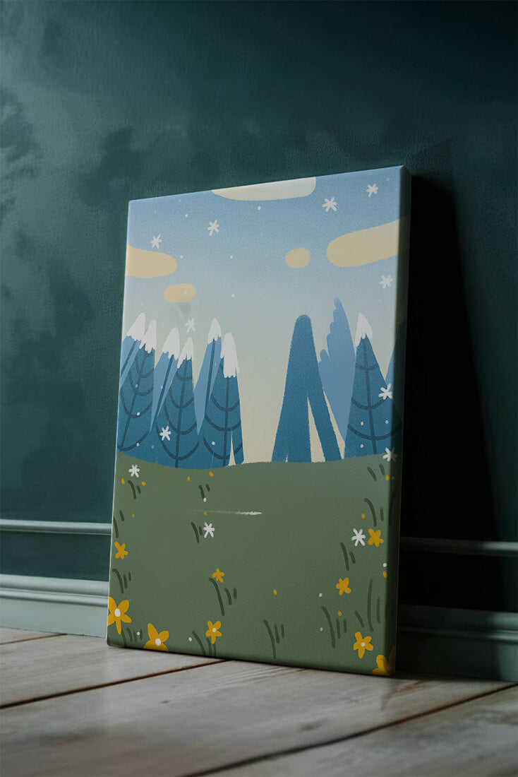 Landschaft mit schneebedeckten Bergen und Blumen im Cartoon-Stil