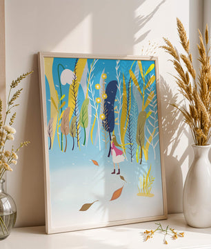 Whimsical scene with girl in colorful abstract forest