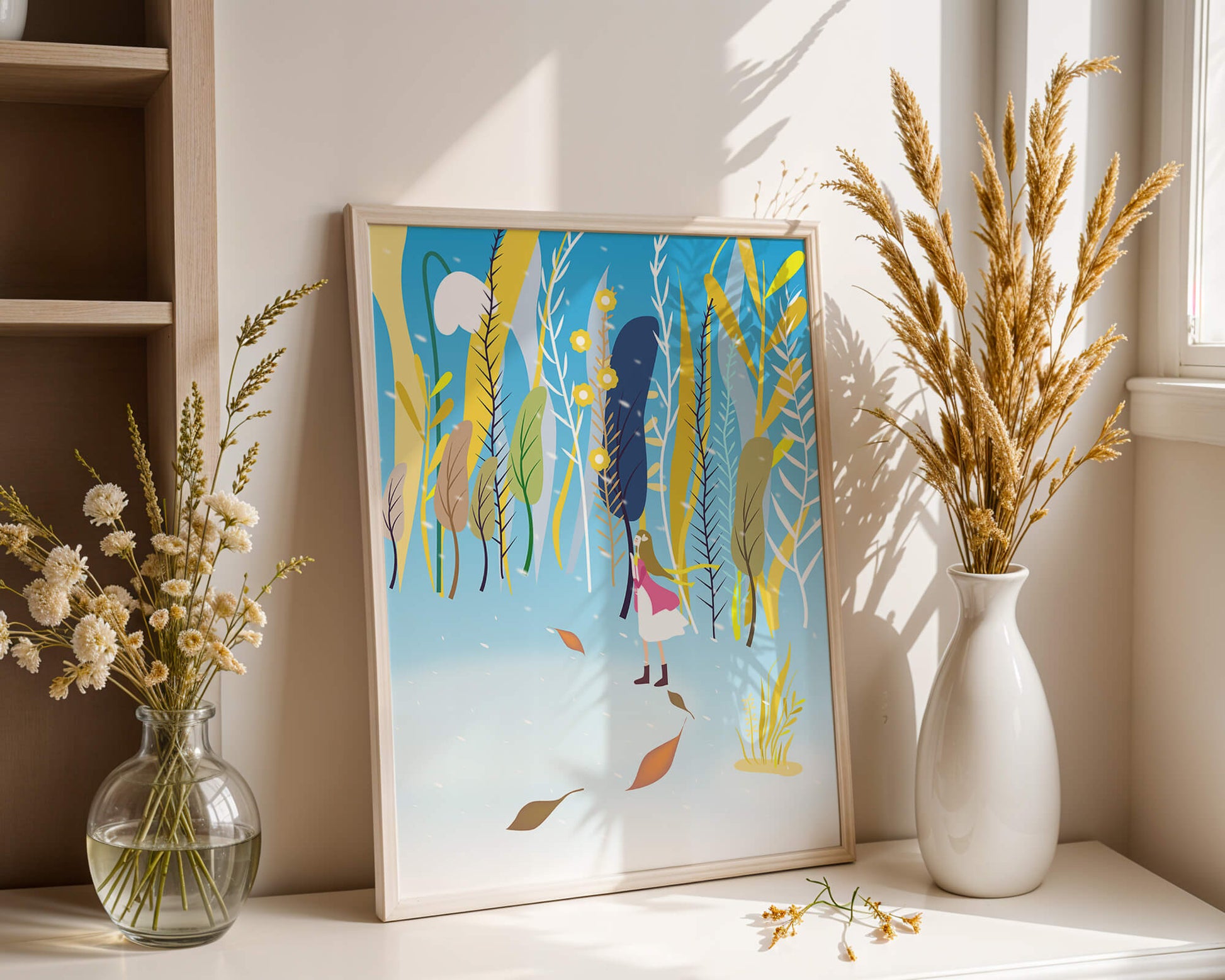 Whimsical scene with girl in colorful abstract forest