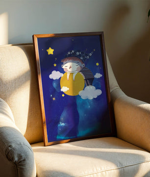 Scène nocturne onirique avec un enfant étreignant la lune