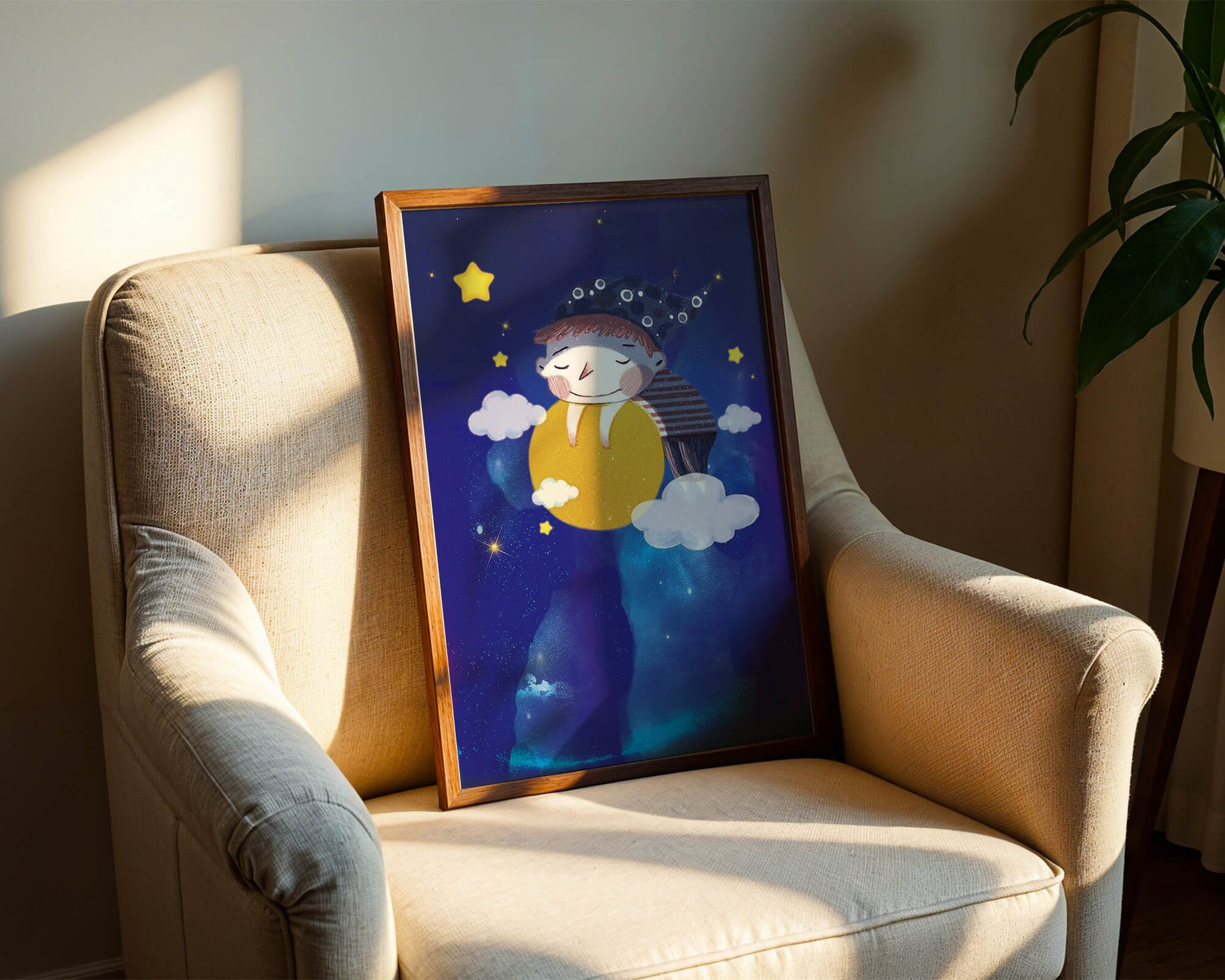 Dreamy Nighttime Scene with a Child Hugging the Moon