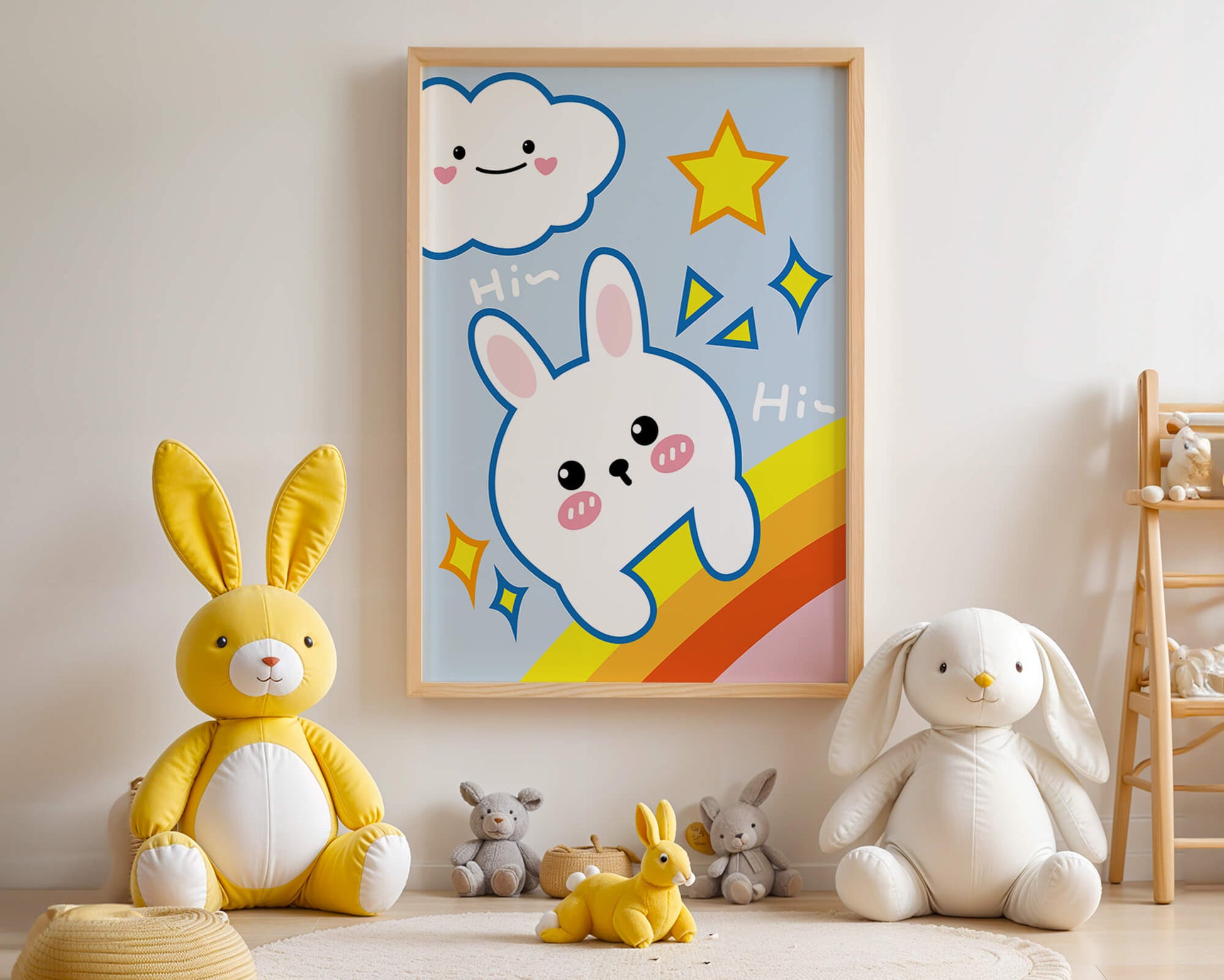 Whimsical cartoon bunny with cloud and rainbow theme
