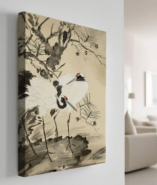 Traditional Japanese Painting of Cranes with Pine Tree and Gold Details