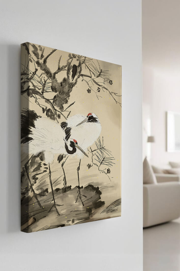 Pintura tradicional japonesa de grullas con pino y detalles dorados