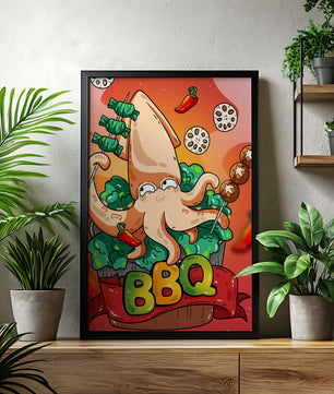 Calamar a la parrilla estilo caricatura peculiar con vegetales