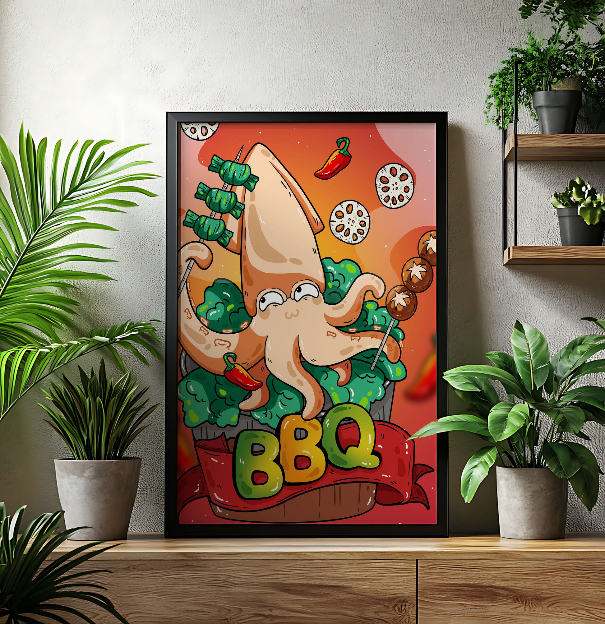 Quirky Cartoon Squid BBQ with Vegetables