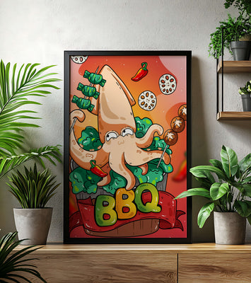 Quirky Cartoon Squid BBQ with Vegetables