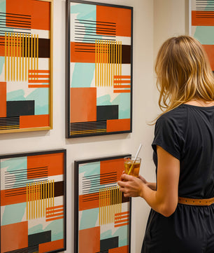Abstract Geometric Composition with Gold and Orange Elements - Mi tienda