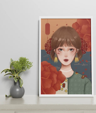 Digital art of a girl with floral and lantern elements
