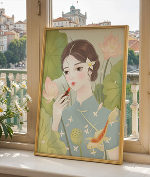 Elegant Woman in Traditional Dress with Lotus and Koi Fish - Mi tienda